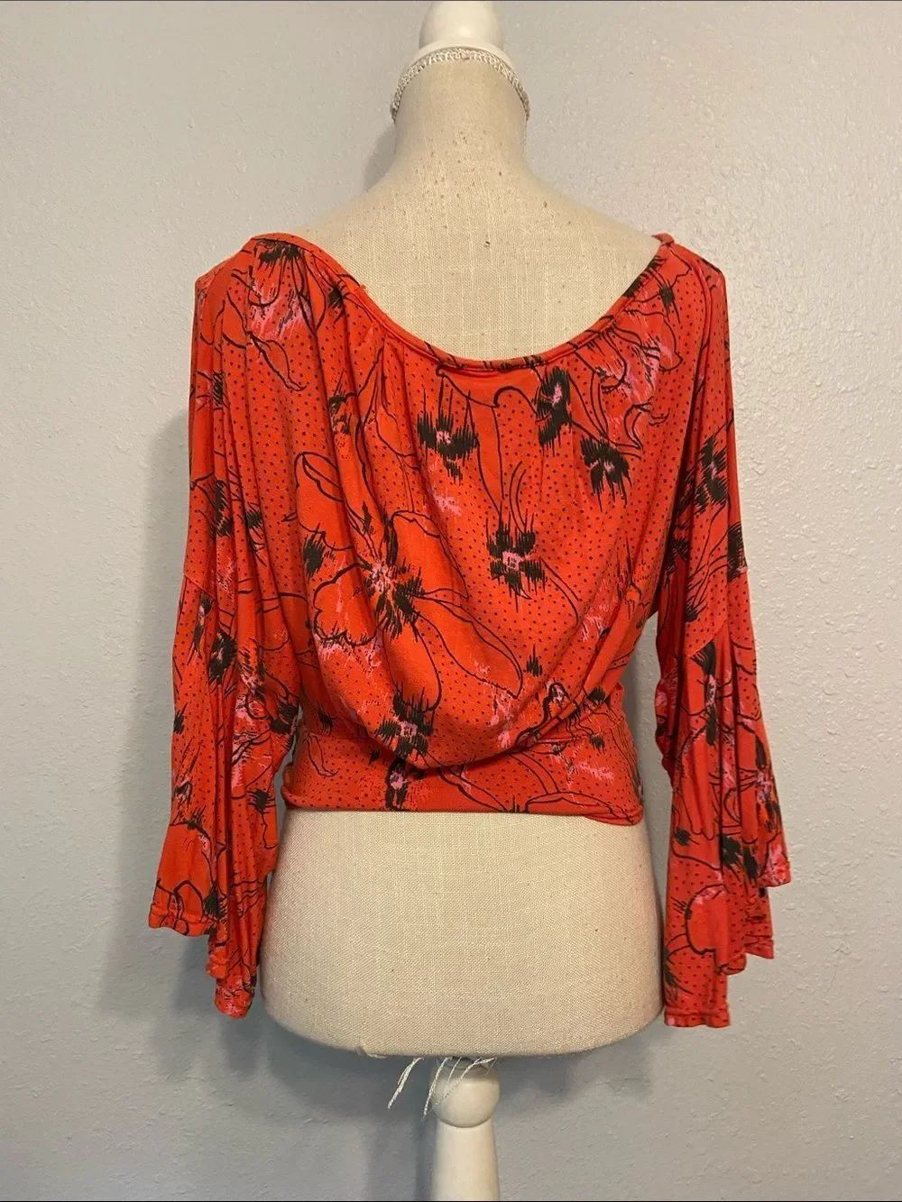 Free People Orange & Black Floral Print Last Time Bell Sleeve Crop Blouse Sz S